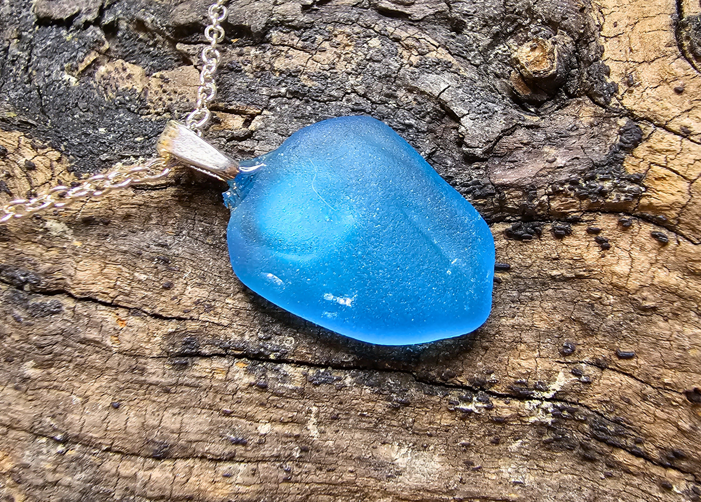 Sea Glass Pendant with Silver Chain - Rare Blue Glass